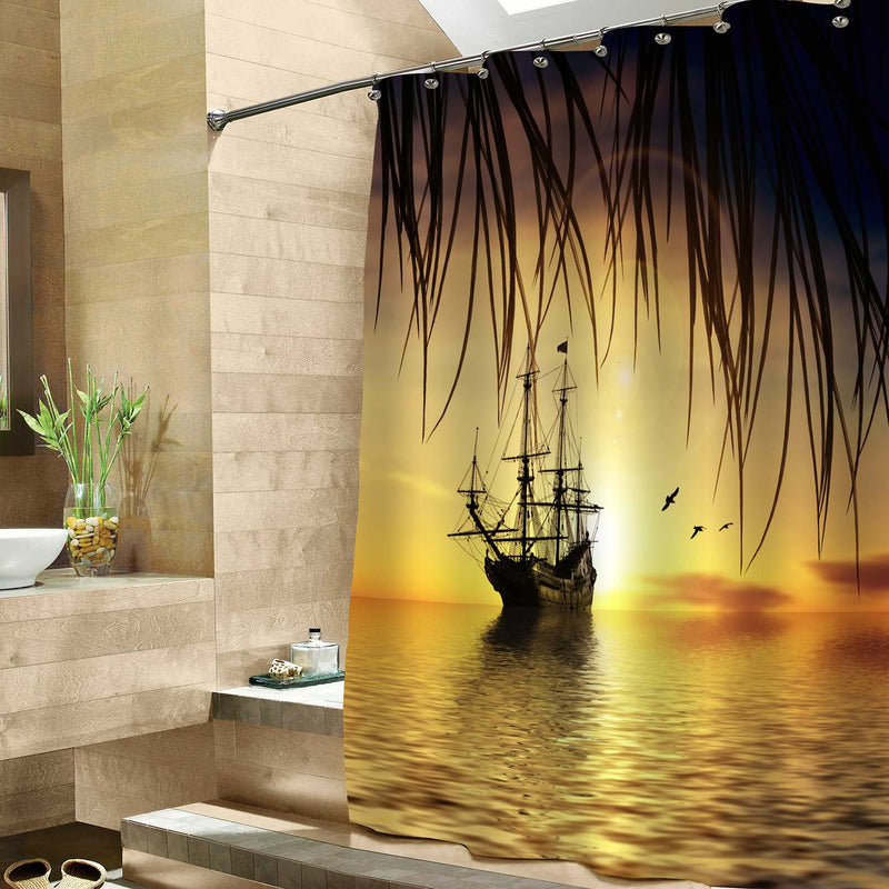 Old Ship Drifting Over Sea and Mysterious Tree Twigs at Sunset Shower Curtain - Gold