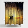 Old Ship Drifting Over Sea and Mysterious Tree Twigs at Sunset Shower Curtain - Gold