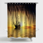 Old Ship Drifting Over Sea and Mysterious Tree Twigs at Sunset Shower Curtain - Gold