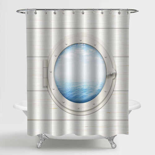 Ship Window on Wooden Wall with Seascape Shower Curtain - White Blue