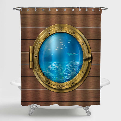 Submarine Porthole Underwater Shower Curtain - Blue Brown