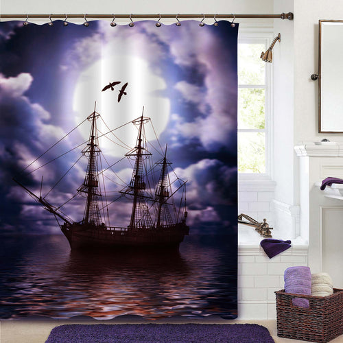 Sailing Ancient Ship with Full Moon Shower Curtain - Purple