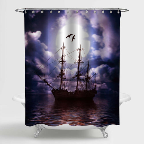 Sailing Ancient Ship with Full Moon Shower Curtain - Purple