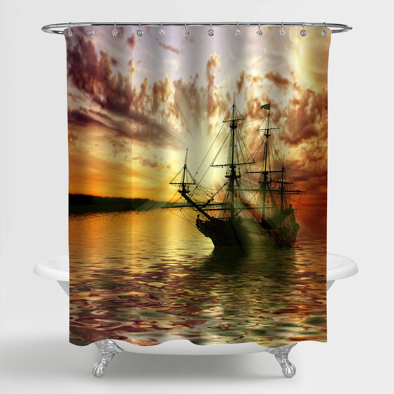 Ancient Boat Sailing in the Calm Ocean with Sunset Backdrop Shower Curtain - Gold