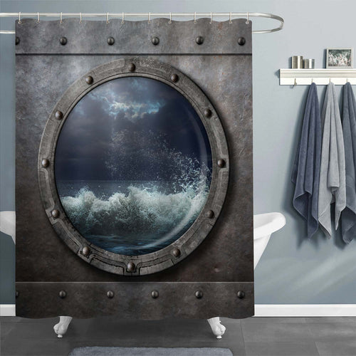 Old Armoring Metal Porthole with Sea Storm Scenery Shower Curtain - Metallic Grey