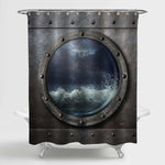 Old Armoring Metal Porthole with Sea Storm Scenery Shower Curtain - Metallic Grey