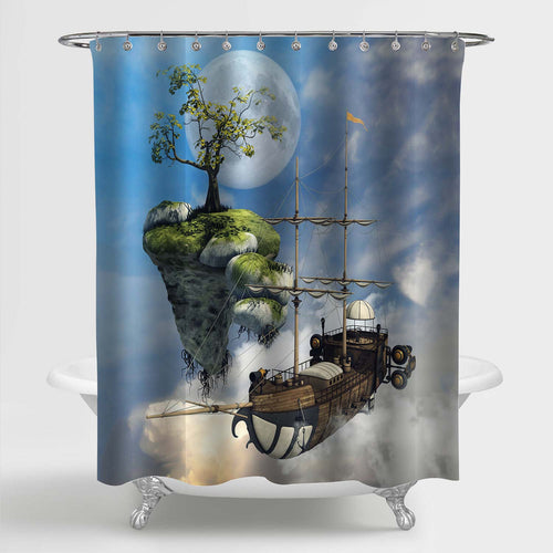 Flying Ship and Floating Island Above the Clouds Shower Curtain