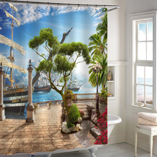 Ancient Sailboats on the Sea Shore Shower Curtain