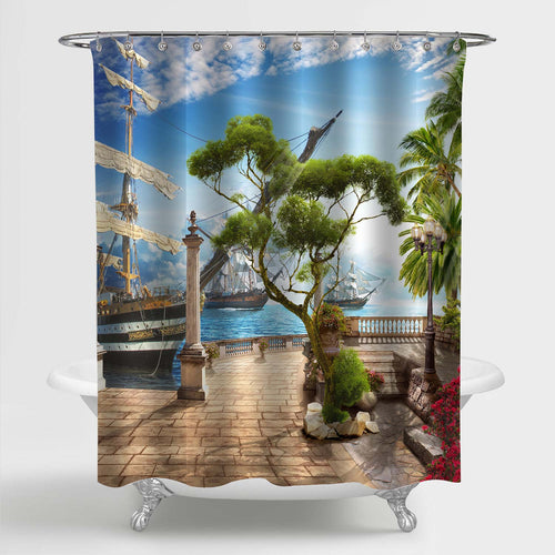 Ancient Sailboats on the Sea Shore Shower Curtain