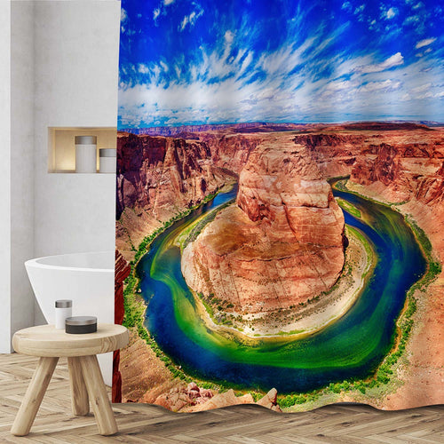 Horseshoe Bend on Colorado River in Glen Canyon Shower Curtain - Brown Blue Green