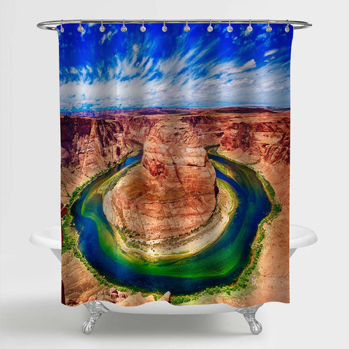 Horseshoe Bend on Colorado River in Glen Canyon Shower Curtain - Brown Blue Green