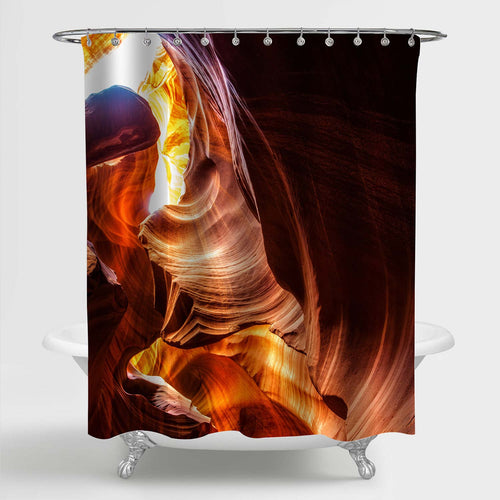 Sunbeam Piercing Through Sandstone at High Noon in Antelope Canyon Shower Curtain - Brown