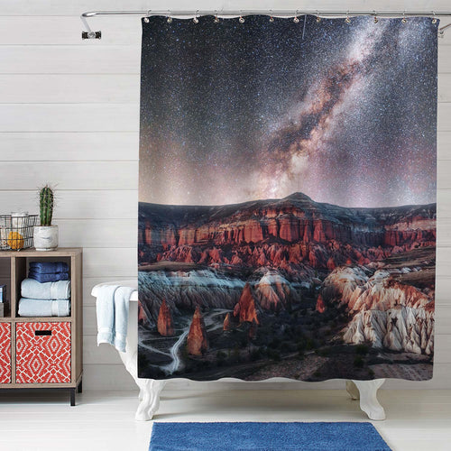 Spectacular Geological Mountain and Sandstone Under Milky Way Photo Shower Curtain - Brown