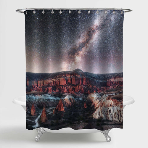 Spectacular Geological Mountain and Sandstone Under Milky Way Photo Shower Curtain - Brown