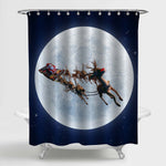 Christmas Santa's Sleigh and Reindeer with Full Moon Shower Curtain - Dark Blue White