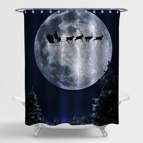 Santa Flying in His Sleigh Against Full Moon Shower Curtain - Whtie Dark Blue