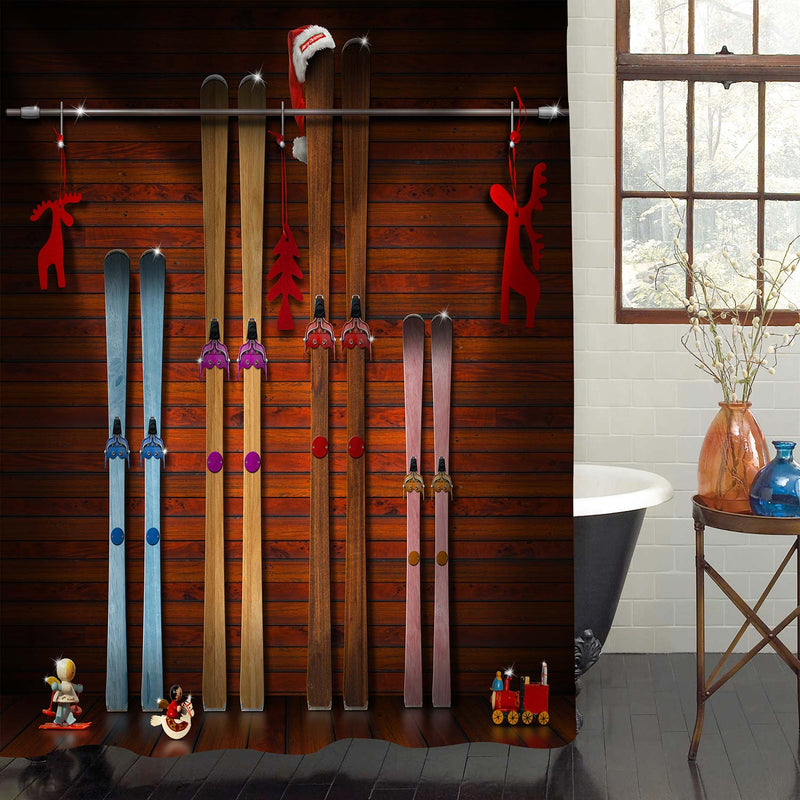 Christmas Family Member Skis with Rustic Wooden Panel Background Shower Curtain - Brown