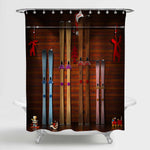 Christmas Family Member Skis with Rustic Wooden Panel Background Shower Curtain - Brown