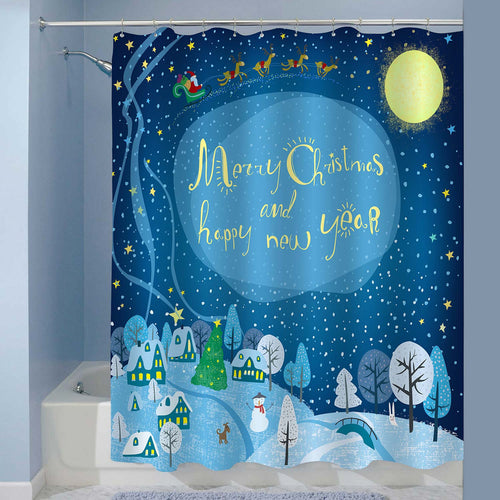 Christmas Landscape with Town Houses and Santa Claus Shower Curtain - Blue