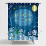 Christmas Landscape with Town Houses and Santa Claus Shower Curtain - Blue