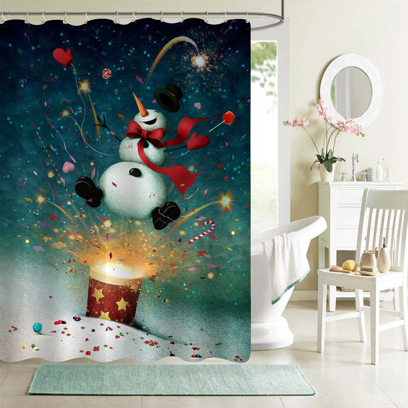 Cheerful Snowman and Fireworks Shower Curtain - Green