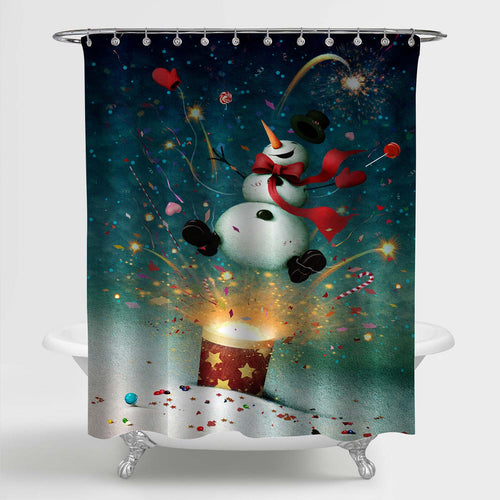 Cheerful Snowman and Fireworks Shower Curtain - Green