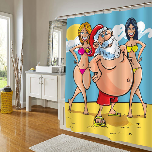 Cartoon Santa Claus Standing on A Sunny Tropical Beach Shower Curtain