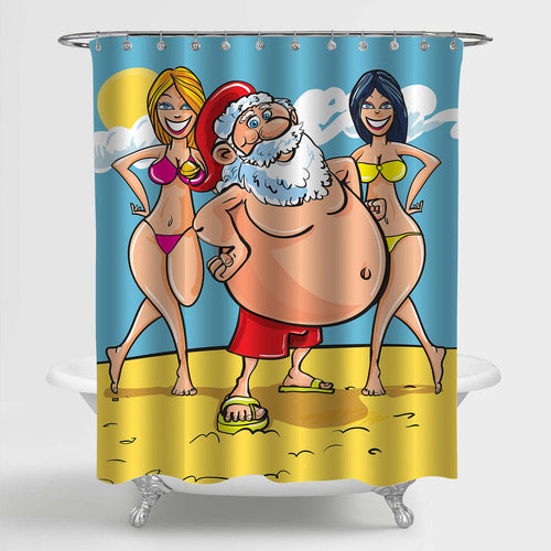 Cartoon Santa Claus Standing on A Sunny Tropical Beach Shower Curtain