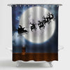 Christmas Santa Claus Flying Over Full Moon and Roof Top Shower Curtain - Blue Brown