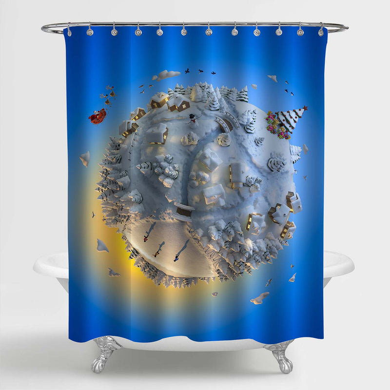 Aerial View of Winter Christmas Snowy Planet Shower Curtain - Blue White