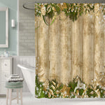 Rustic Christmas Garland on a Wooden Plank Shower Curtain - Green Gold