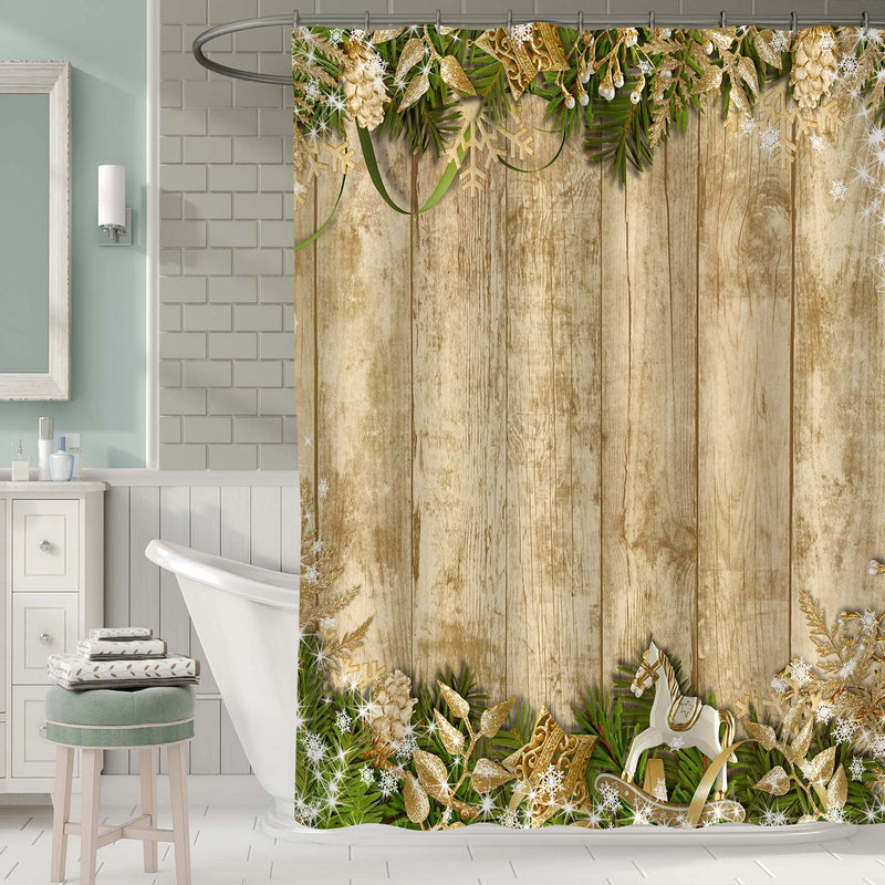 Rustic Christmas Garland on a Wooden Plank Shower Curtain - Green Gold