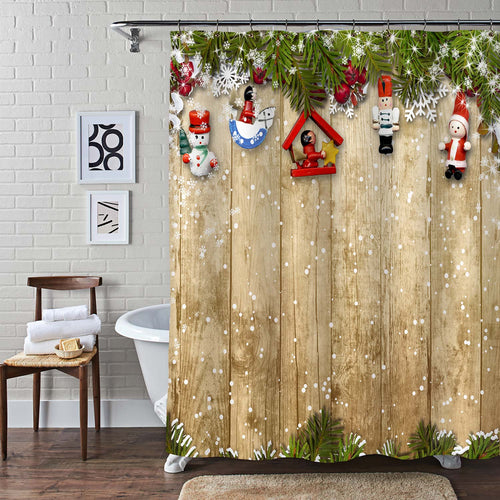 Christmas Tree Branches and Toys on Wooden Plank Shower Curtian - Green Gold