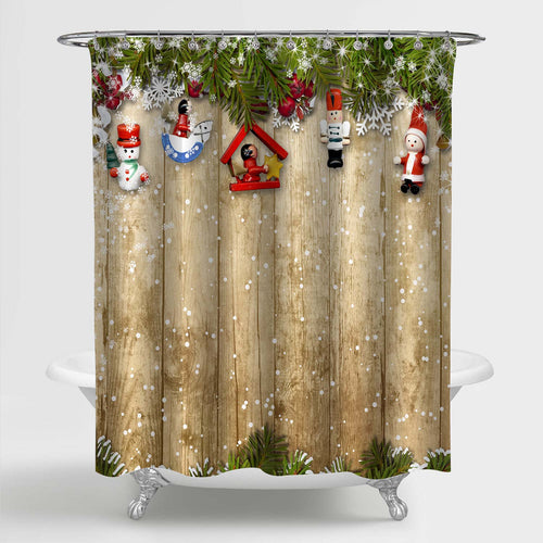 Christmas Tree Branches and Toys on Wooden Plank Shower Curtian - Green Gold