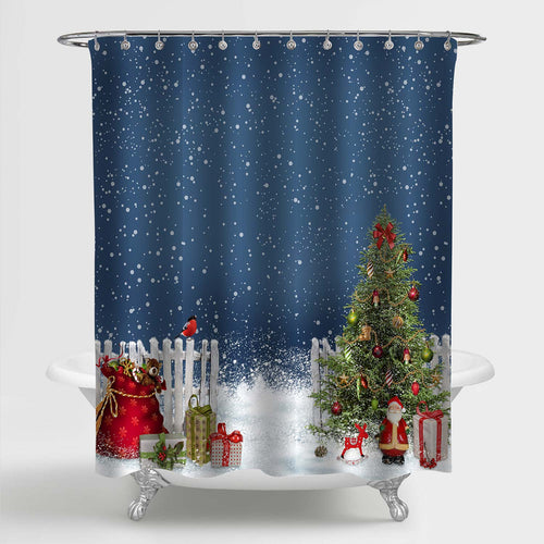 Christmas Tree with Santa Raindeer Shower Curtian - Blue