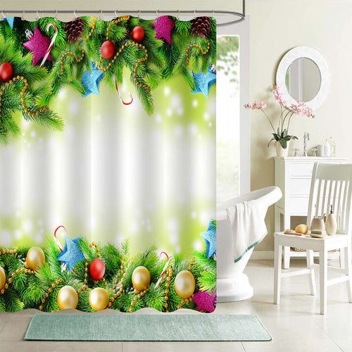 Christmas Fir Tree Leaves, Color Balls and Stars Shower Curtian - Green