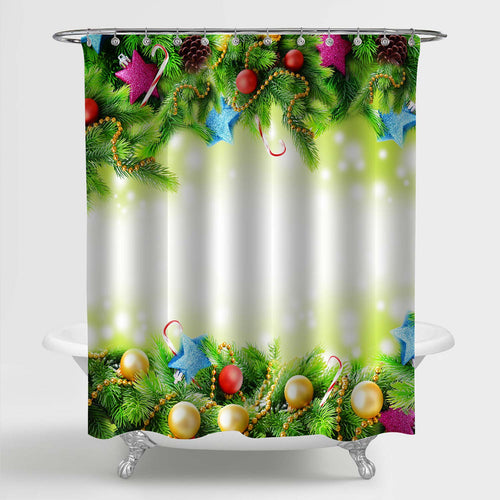 Christmas Fir Tree Leaves, Color Balls and Stars Shower Curtian - Green