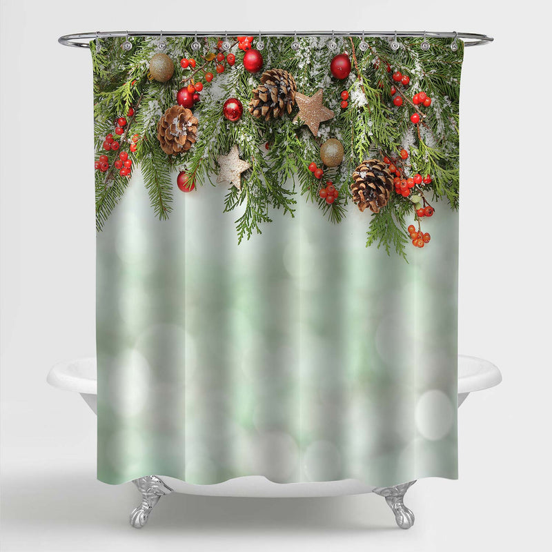 Snowy Festival Ornament Red Berry Leaf Baubles Shower Curtain - Red Green