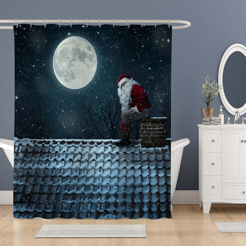 Santa Claus Using Chimney as a Shower Curtian - Dark Blue