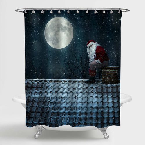 Santa Claus Using Chimney as a Shower Curtian - Dark Blue
