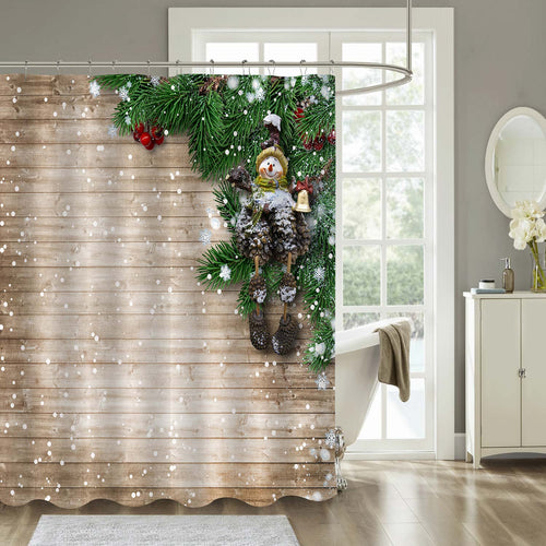Snowy Christmas Wooden Background with Pine Tree Branches Shower Curtian - Brown Green