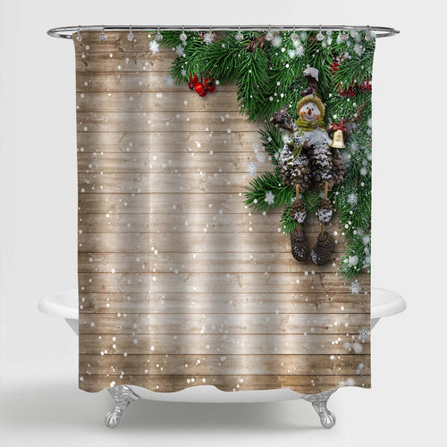 Snowy Christmas Wooden Background with Pine Tree Branches Shower Curtian - Brown Green