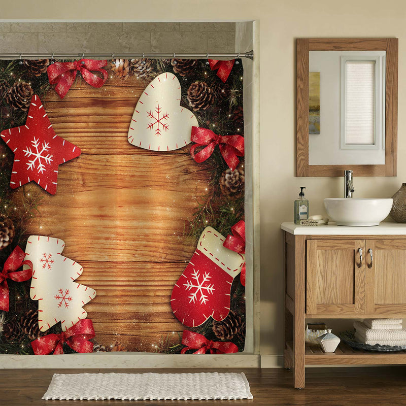 Classic Christmas Decoration on Wooden Background Shower Curtian - Red Brown