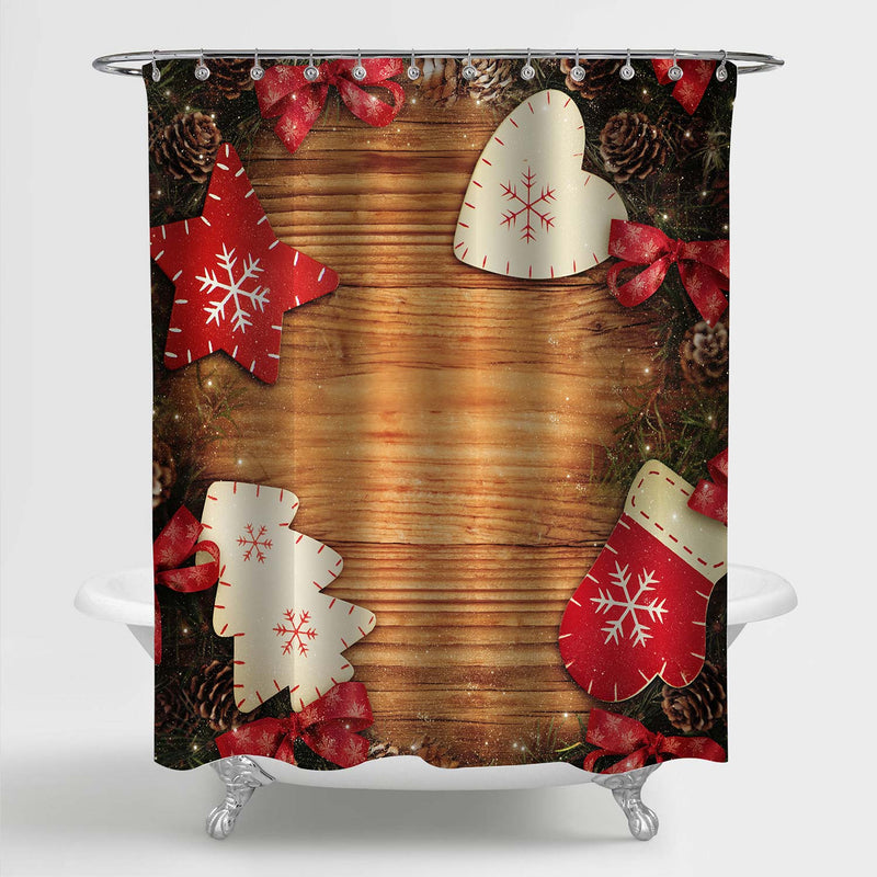 Classic Christmas Decoration on Wooden Background Shower Curtian - Red Brown