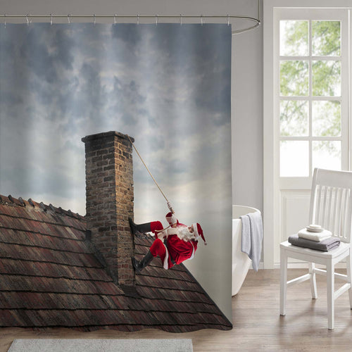 Santa Claus Climbing a Roof to Delivery Children's Gifts Shower Curtain - Brown Grey