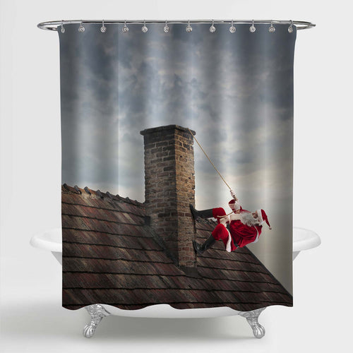 Santa Claus Climbing a Roof to Delivery Children's Gifts Shower Curtain - Brown Grey