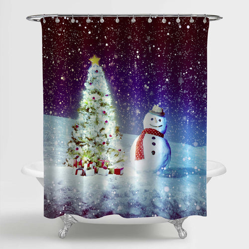 Christmas Tree and Snowman in Deep Snow Shower Curtain - Blue White