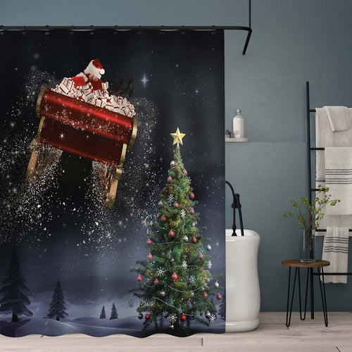 Santa Flying His Sleigh Against Forest at Night with Christmas Tree Shower Curtain
