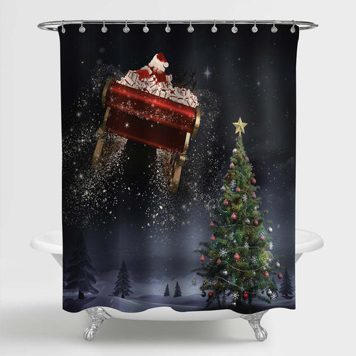 Santa Flying His Sleigh Against Forest at Night with Christmas Tree Shower Curtain