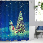 Snowman with Christmas Tree and Gift Boxes at Night Shower Curtain - Blue